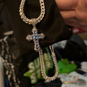 Silver and Blue Cross Pendant Necklace